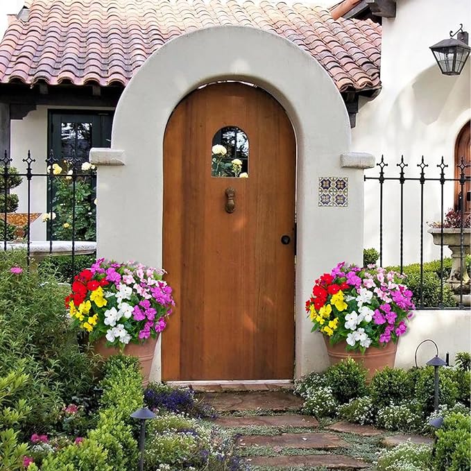 5PCS Artificial Impatiens Bouquet Flowers for Outdoors Silk Faux Flowers Fake Planters UV Resistant Summer Indoor Decor Garden Porch Patio Window Balcony (Mix Pink Red Purple Yellow White)