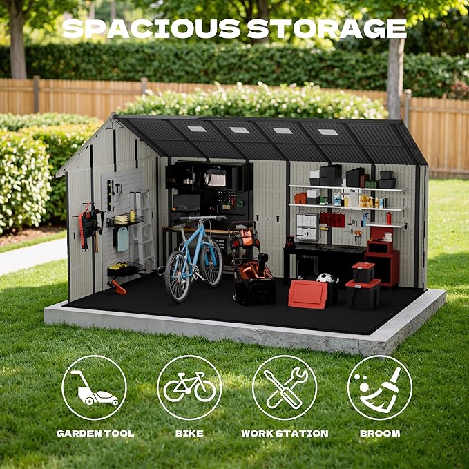Devoko 10x14 FT Resin Outdoor Storage Shed with Floor, Plastic Tool Garden Shed with Windows & Lockable Door, Outside Large Storage Shed for Patio Backyard Lawn, Beige