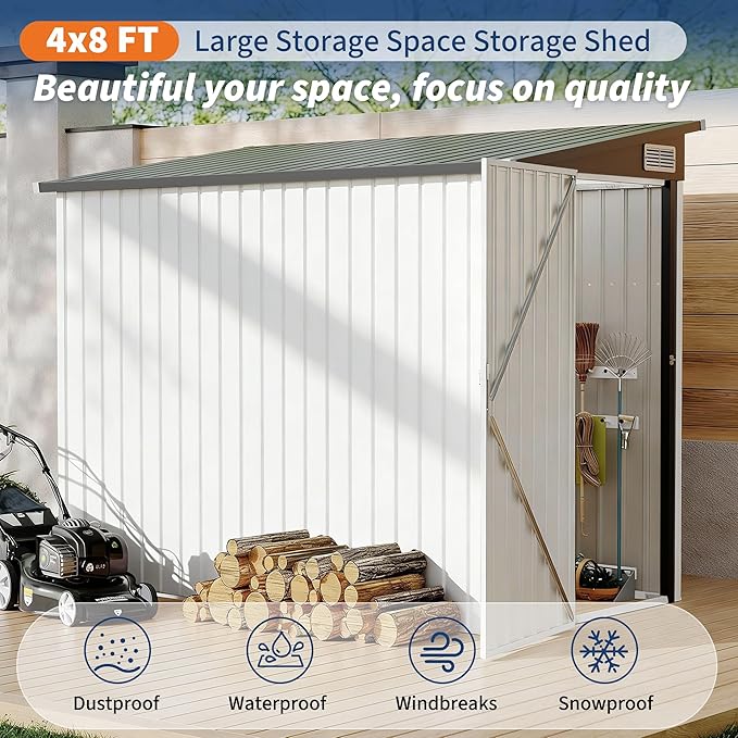 4x8 FT Metal Outdoor Lean to Storage Shed, Lean to Garden Shed Utility Tool Shed, Heavy-Duty Outdoor Metal Wall Side Storage Sheds