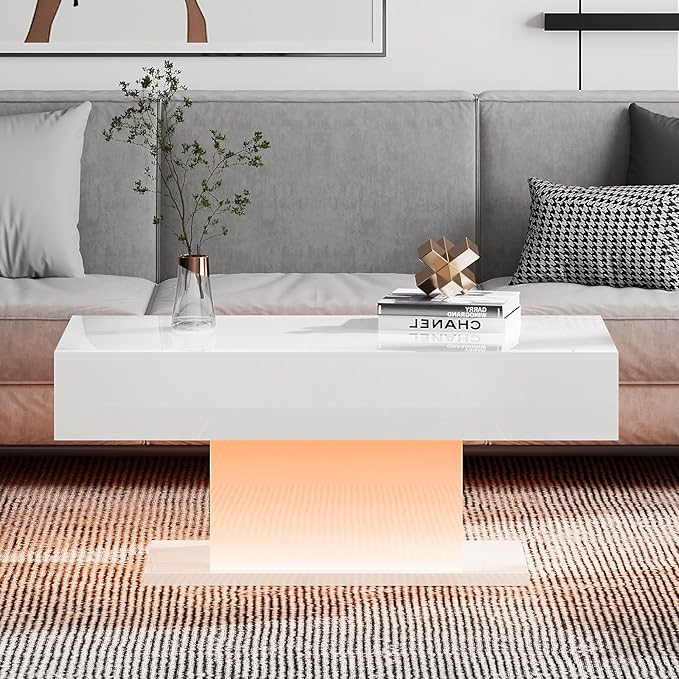Led Coffee Table for Living Room, Living Room Table Rectangular Center Table, Modern High Glossy Wooden Coffee Tables with 16 Colors LED Lights for Dining Reception Room, White