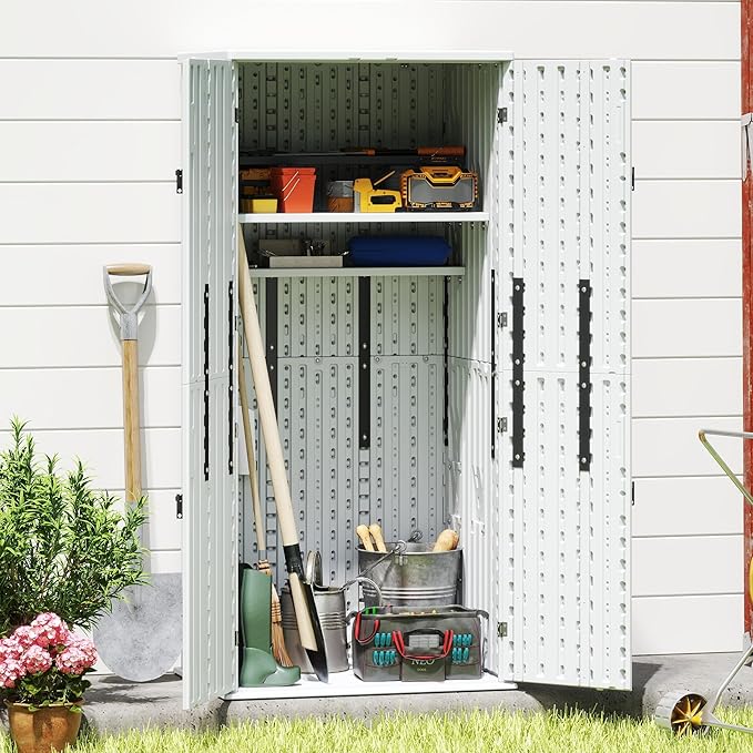 EHHLY Heavy Duty Tall Storage Cabinet Outdoor Weatherproof, 28 Cuft Garage Storage Cabinet with 4 Adjustable Shelves, Lockable Kitchen Pantry Closer Organizer, 31Wx23Lx66H, Polar White