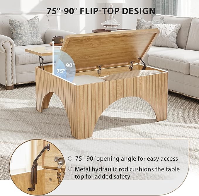 39'' Square Coffee Table with Storage, Farmhouse Lift Top Coffee Table for Living Room Fluted Wood Center Table Arched Dining Table with 2 Hidden Storage Compartment (Natural)