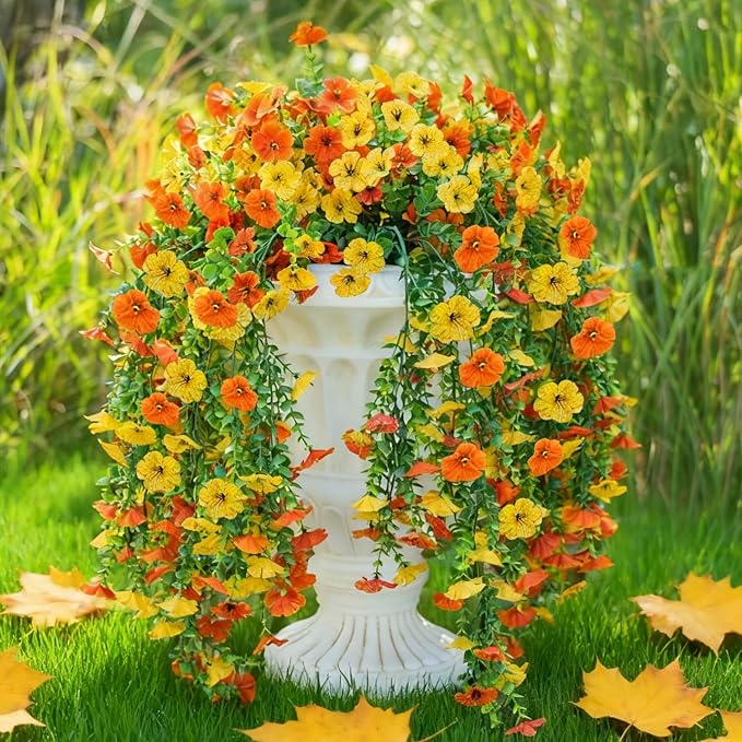 2PCS Artificial Hanging Fall Flowers for Outdoors Decorations, Orange Yellow Realistic Silk Daisy with Eucalyptus, UV Resistant Faux Mums for Home Decor Patio Garden Planters Yard Balcony