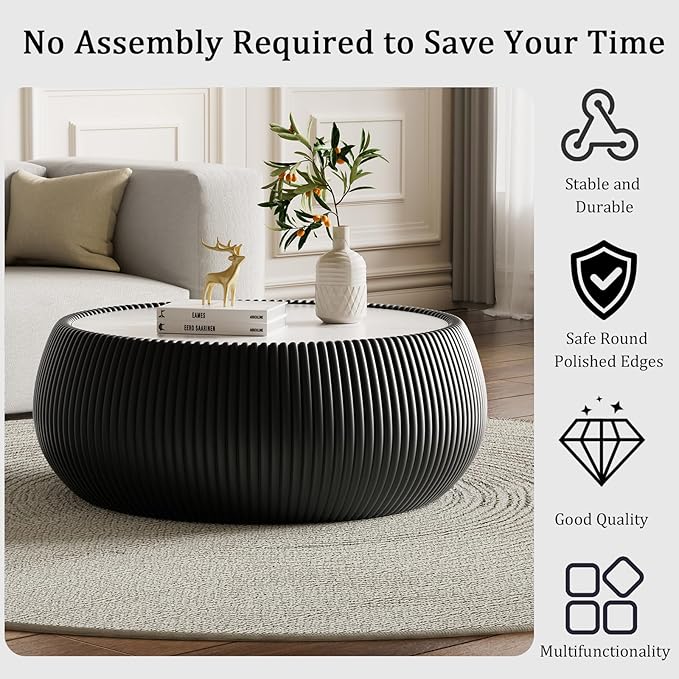 27.55" Black Round Coffee Table, Drum Coffee Table with Sintered Stone Tabletop and Fluted PU Leather Covered and Stable Base, Circle Cocktail Tea Table for Living Room