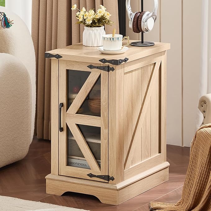 Narrow Night Stand for Small Spaces, Farmhouse Side End Table with Glass Barn Door Storage, Natural Wood Bedside Tables, Nightstand Cabinet Organizer for Living Room Bedroom