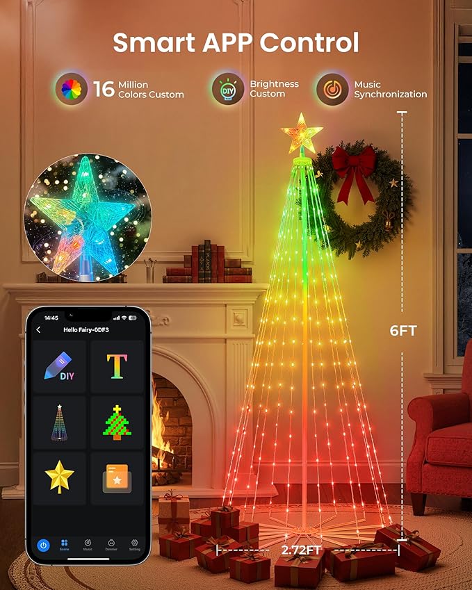 Smart Christmas Cone Tree LED Light, 6ft 265 LED Music Sync with Remote APP and Local Control, Pattern and Text Displayable, 16 Million Colors LED Light Show Tree for Indoor Outdoor Decorations