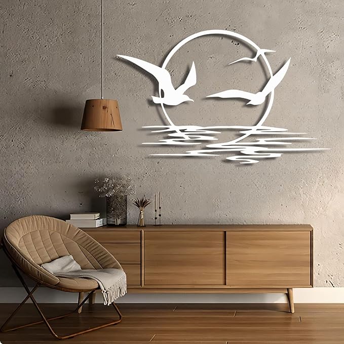 Sunrise and Birds Metal Wall Art,Seagulls Metal Wall Decor,Home Decor, Housewarming Gift (30"x18"/76x47cm, White)