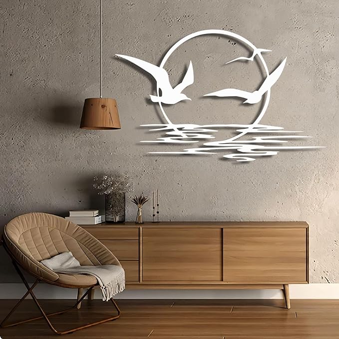 Sunrise and Birds Metal Wall Art,Seagulls Metal Wall Decor,Home Decor, Housewarming Gift (41"x25"/105x65cm, White)