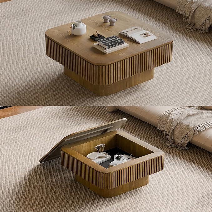 31.5" Square Coffee Table with Hidden Storage Compartment, Modern Handcraft Fluted Drum Coffee Table, Wooden Square Center Table Cocktail Tea Table with Sturdy Pedestal for Living Room, Brwon