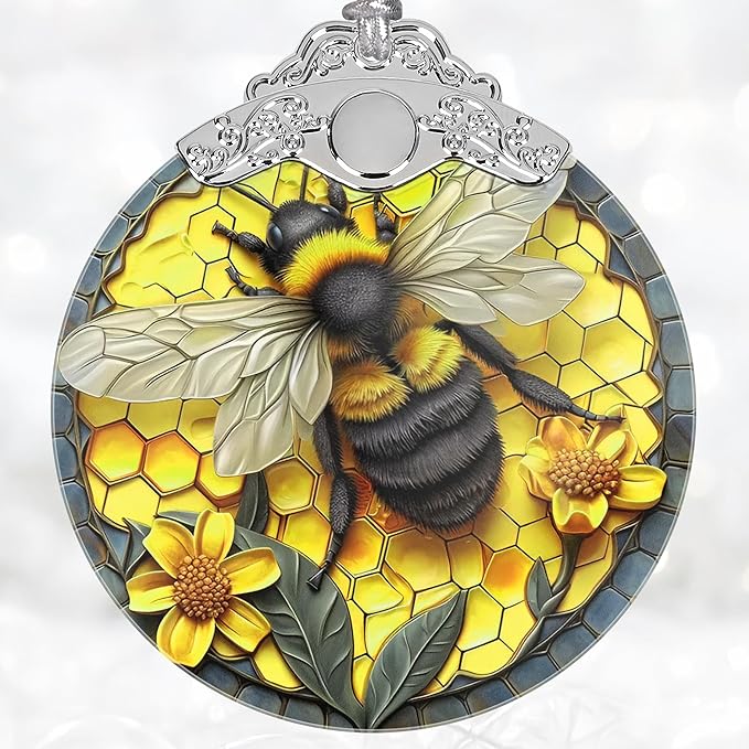 Christmas Decorations Ornaments, Stained Glass Ornament, Christmas Tree Ornaments, 2025 Gift Ornament, Xmas Gift for Friend Family Coworker - Bee and Honeycomb