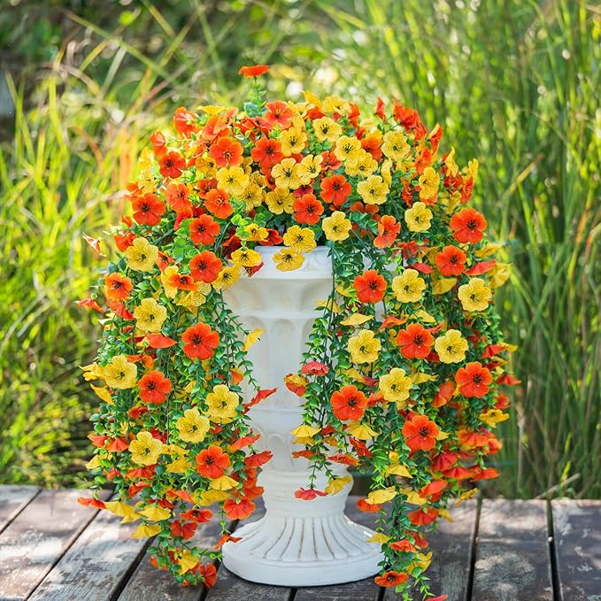 2PCS Artificial Hanging Fall Flowers for Outdoors Decorations, Orange Yellow Realistic Silk Daisy with Eucalyptus, UV Resistant Faux Mums for Home Decor Patio Garden Planters Yard Balcony