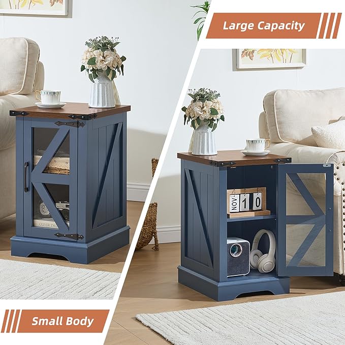 Farmhouse 14'' Side End Table Set of 2, Narrow Night Stand with Glass Barn Door, Storage Bedside Tables, Nightstand Cabinet Organizer for Small Spaces Living Room Bedroom