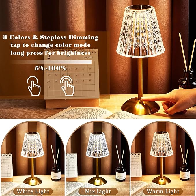 Liliful 1 Pcs Cordless Table Lamp Rechargeable Touch LED Small Gold Portable Battery Operated USB-c Desk Lamp 3 Color Dimmable for Bedroom Living Room Dining (Gold,Classic Style)