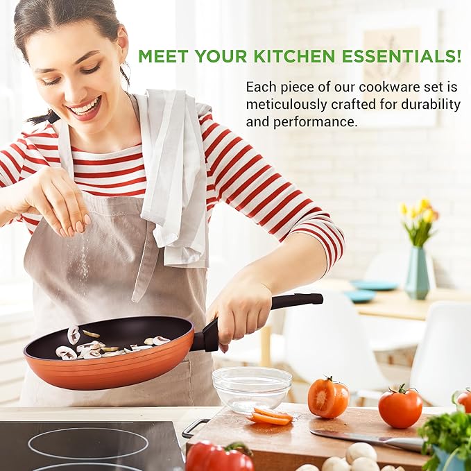 NutriChef Professional 12-Piece Brown Nonstick Cookware - PFOA/PFOS-Free, Heat Resistant Lacquer, Elegant Design, Multi-Sized Pots and Pans