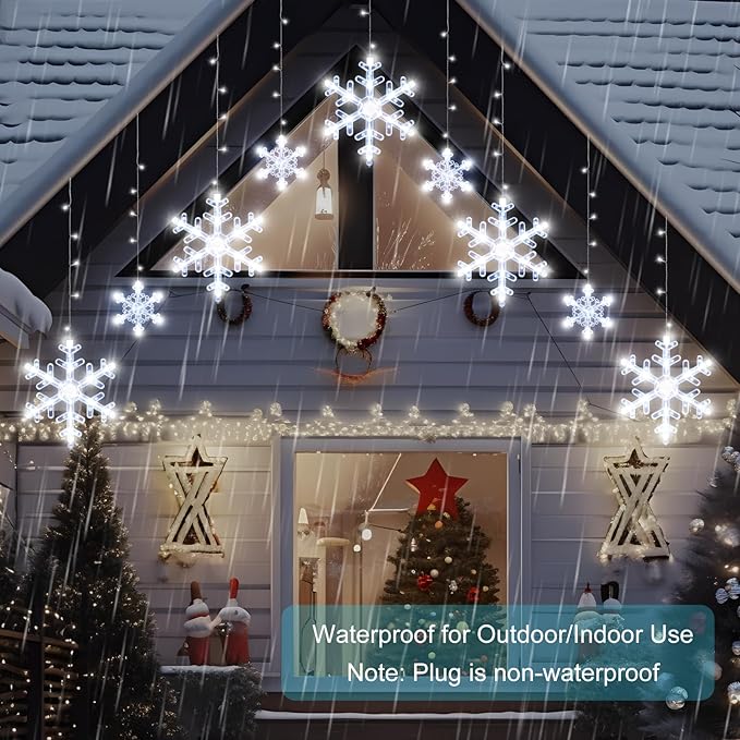 Christmas Snowflake Lights Decorations, 5.3FT Remote&Time 8 Light Mode with Battery Powered 112 White LED Window Curtain Lights for Tree, Eaves, Garden, Yard, Indoor Outdoor Xmas Lamp Decor