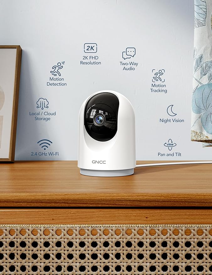 GNCC 2K Security Cameras 4pcs, Home Security Camera Indoor with 360° Motion Detection for Pets/Baby/Dog, Two-Way Audio, Night Vision, 24/7 SD Card Storage, Cloud Storage, Compatible with Alexa