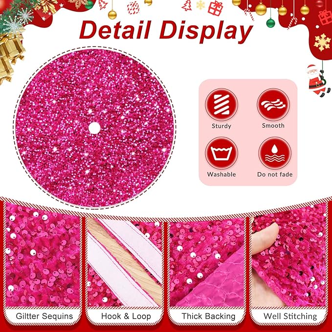 Hot Pink Christmas Tree Skirt 46 inch Sequin Velvet Tree Skirts Large Christmas Tree Skirt Fuchsia Round Tree Skirts for Artificial Trees Sparkle Christmas Tree Base Cover Holiday Party Decor