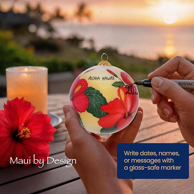 Collectible Hawaii Christmas Ornament Hibiscus Hand Painted from Inside The Glass, with Protective Gift Box, RH/H