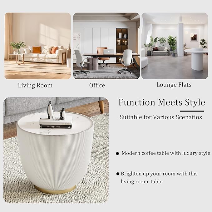 Round Living Room Table Set, 27.56" Grey Drum Center Table and 19.69" White Coffee Table Set, 2 Pieces Coffee Table Set with Sintered Stone Tabletop, Fluted PU Leather Covered and Metal Base