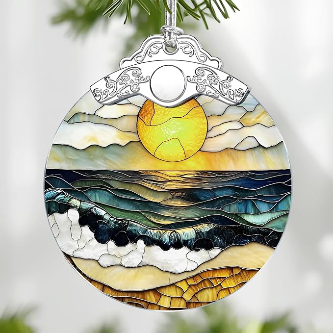 Beach Sunset Stained Glass Ornament, Christmas Ornaments – Christmas Tree Decorations, Holiday Decor, Stocking Stuffer, Gift Idea, Summer Vibes Gift, Gifts for Beach Lover, Friend, and Faimly