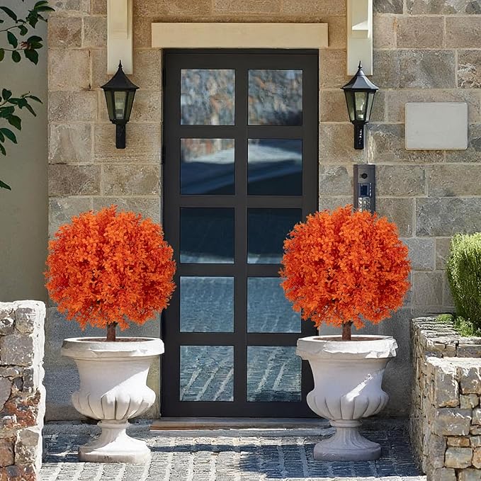 Set of 2 Artificial Orange Boxwood Topiary Ball Trees, 23" UV Resistant No Fade Outdoor Faux Fall Plants with Ground Spike, Fake Shrubs for Garden, Patio, Porch, Yard, Indoor Decor