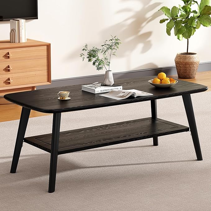 Coffee Table Small Solid Wood Center Table Mid Century Vintage Living Room Coffee Table, Black 47.24 Inch