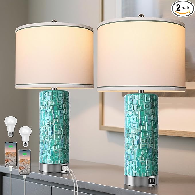 CeramicTable Lamps Set of 2 Lamps for Bedroom Living Room Office 26" Rotary Coastal Bedside Lamp for Nightstand with 2 USB Ports 3-Colors