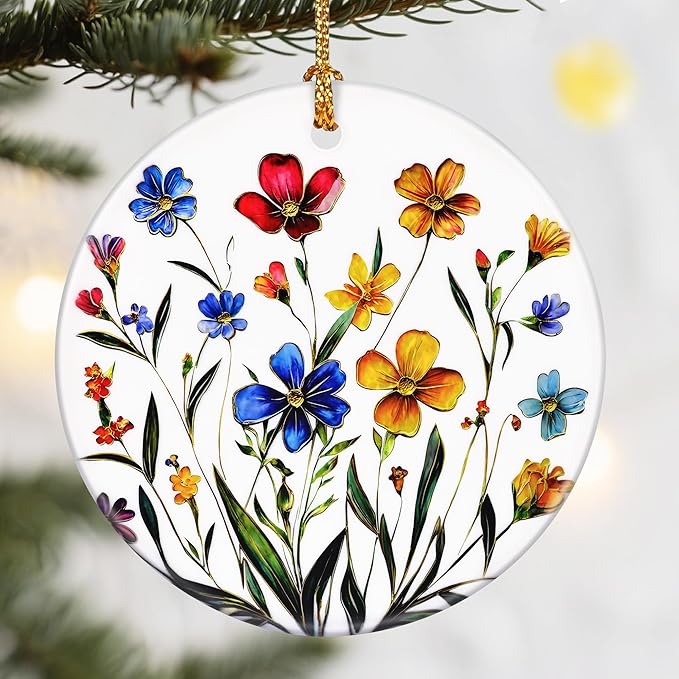 Christmas Ornaments, Dodosky 2.8in Ceramic Wildflower Ornament, Xmas Decor, Christmas Tree Ornaments, Xmas Decorations for Tree, Holiday Ornament, Flower Themed Gifts, Gifts for Women, Plant Lovers