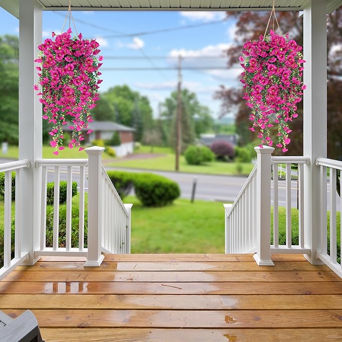 Sggvecsy Artificial Fake Hanging Flowers Plants for Outdoor Outside Spring Summer Decoration 2PCS Faux Silk UV Resistant Realistic Morning Glory with Eucalyptus for Home Porch Patio Balcony(Magenta)