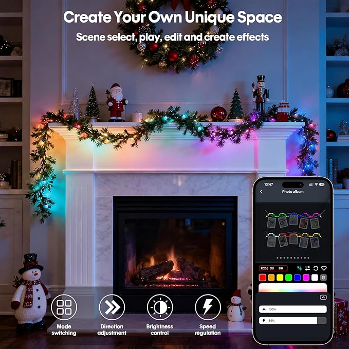 16.4Ft Smart Globe String Lights, 25 Dimmable RGB Mini Color Changing LED String Lights with App & Remote Control Music Rhythm Timer for Halloween Christmas Indoor Bedroom Party Decor