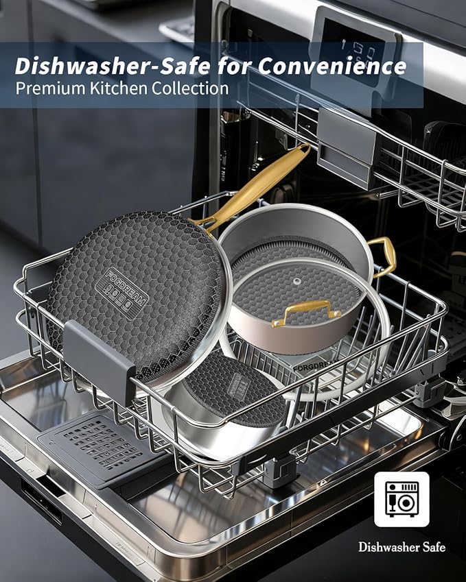 FogDream 5pcs Stainless Steel Cookware, Tri Ply Pots And Pans Set, Non Stick Frying Pans, Soup Pot & Sauce Pan With Tempered Glass Lids, Cool Handles, Dishwasher Safe, Induction Compatible, Gold