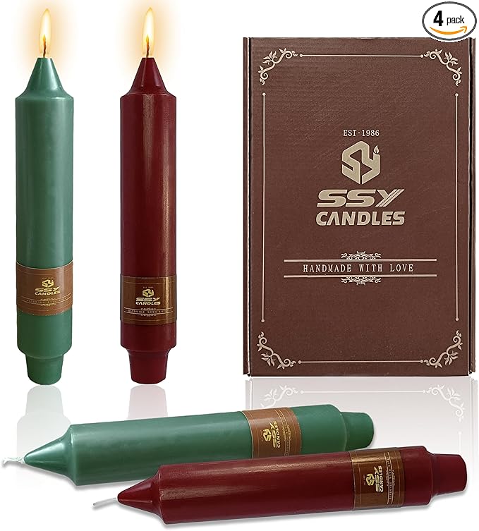 7 Inch Taper Candles Candle Sticks Handmade Unscented Set of 4 Smokeless Long Burning Dripless Tapered Candle for Christmas Home Decoration(Red Green)