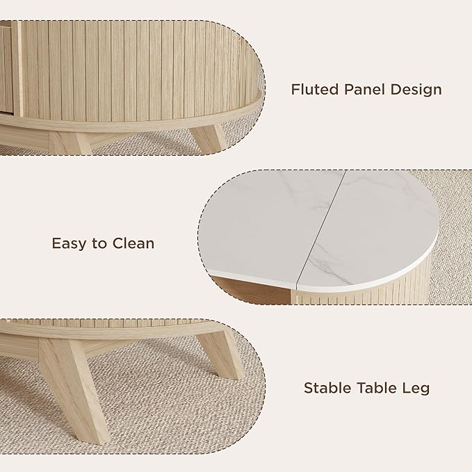 Coffee Table with Storage, Mid Century Modern Center Table for Living Room, Oval Fluted Coffee Table with Hidden Storage Space, Open Shelf & Drawer, Natural Wood
