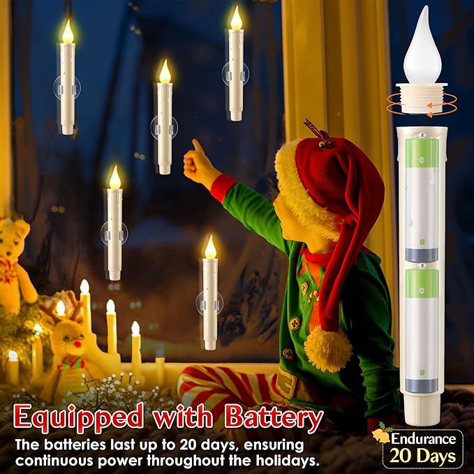 Enhon 12 Pcs Battery Operated Window Candles, Ivory LED Christmas Window Candles with Sensor Dusk to Dawn, Cordless Flameless Taper Candlestick with Battery & Suction Cup for Xmas Wedding Decorations