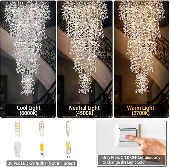 H63" Long Crystal Chandelier for High Ceiling, 28-Light Modern Silver Tree Branch Chandelier, Large Chandeliers for Staircase, Foyer, Entryway, Living Room, 5-Tier Luxury K9 Raindrop Light Fixture
