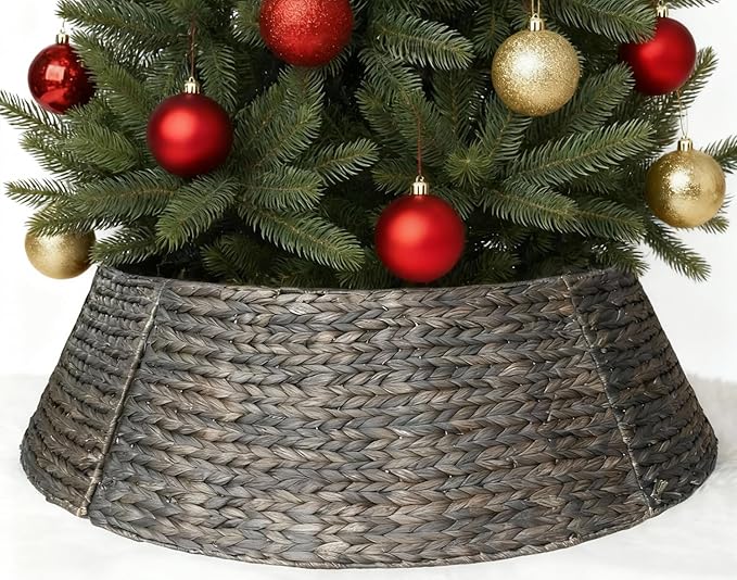42" Wicker Christmas Tree Collar for Artificial Trees, Rustic 9ft Tree Basket Skirt, Farmhouse Base Cover for Pencil, Slim Christmas Tree Collars, Handwoven from Seagrass