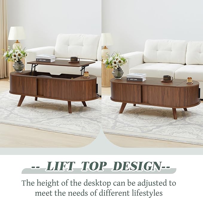 Small Lift Top Coffee Table with Sliding Tambour Door, 47.3" Mid Century Modern Curved Coffee Table with Storage, Oval Center Table with Lift Tabletop for Living Room (Doors, Walnut)