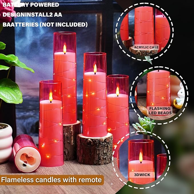 Flickering Flameless LED Candles,Battery Operated Candles 9 Pcs with Embedded Star String,Acrylic LED Pillar Candles with Remote,Suitable for Home Decoration to Create an Atmosphere (Pink)