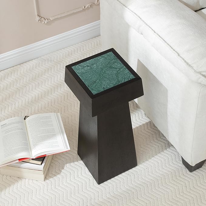8.6-inch Marble Pedestal Side Table, Stone Finish Top Accent Drink Table for Living Room, Square Small End Coffee Counter, Full Assembly for Small Space Office - Black