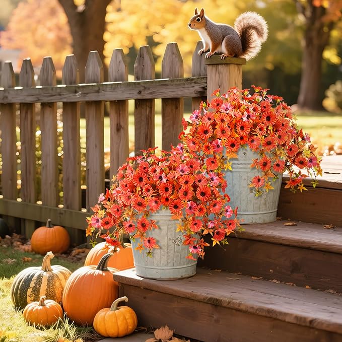 Artificial Fall Hanging Flowers for Outdoors Decoration, 2Pcs Fake Petunias Silk Plants UV Resistant No Fade, Realistic Faux Flower Look Real for Outdoor Planters Garden Porch Patio (Fall Orange)