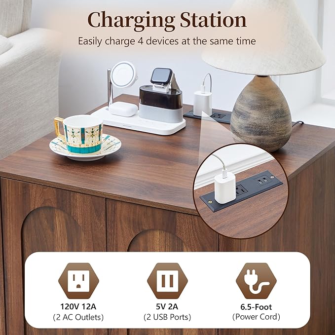 Bed Side Table Set of 2 with Charging Station, Mid Century Modern Nightstand with 2 Doors, Square End Table with Storage for Couch,Living Room, Sofa Side Table for Office,Dorm - Walnut