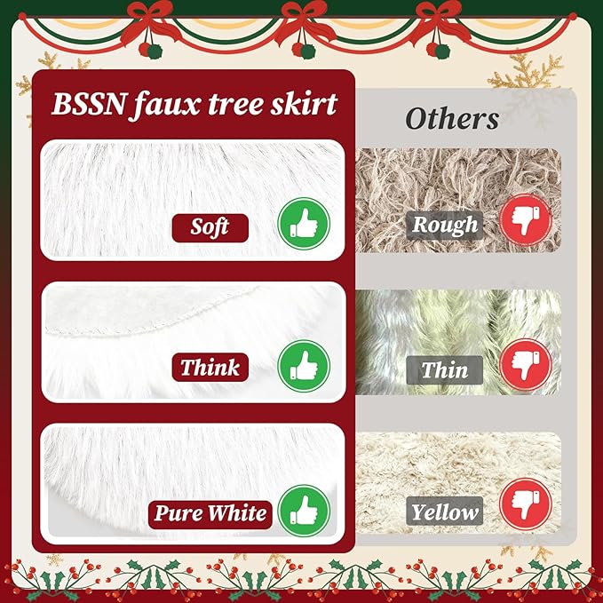 60 Inch Large Christmas Tree Skirt Faux Fur Snow White Plush Tree Mat Base Cover for Merry Christmas Party Holiday Home Indoor Xmas Tree Decorations