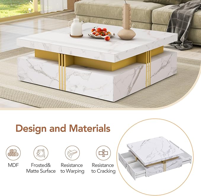 Merax 43.3" Modern Square Storage Coffee Table with 4 Drawers, with Marbling Gold Accents, Functional Center Tables for Living Room Apartment, White