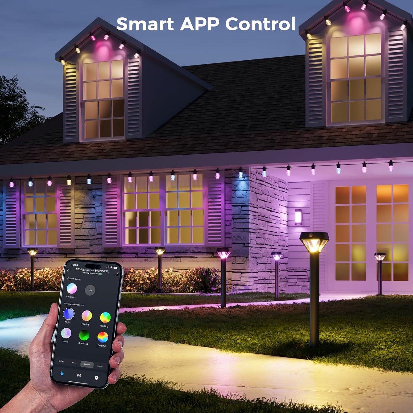 XMCOSY+ Smart Solar Lights Outdoor with Motion Sensor, 150LM APP Control RGBCW Color Changing Garden Lights Solar Powered for Yard Pathway Landscape, Waterproof, 2 Pack