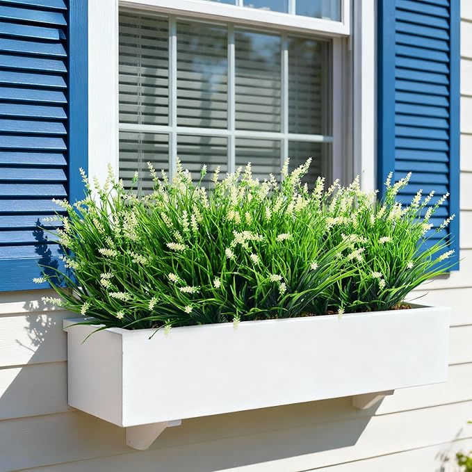 12 Bundles Artificial Lavender Flowers Faux Plants for Outdoor Fake Monkey Grass with Flowers Realistic Faux Greenery Shrubs for Porch Planters Patio Garden Window Boxes Pathway Decor (White)