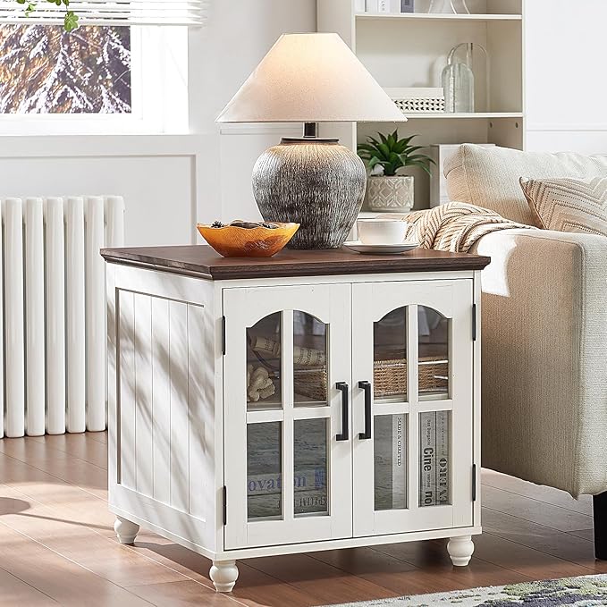 Farmhouse 24" End Table Set of 2 with Charging Station, Large Sofa Side Table with Glass Barn Door,Wood Night Stand with Adjustable Storage Shelf,Square Bedside Table for Living Room,Bedroom