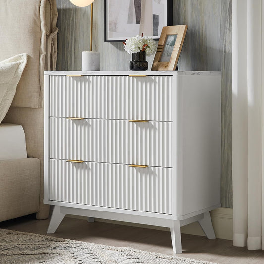 T4TREAM 32" Tall Fluted Nightstand, Modern Side Table with Faux Marble Top, 3 Drawers End Table w/Storage, Bedside Table for Bedroom, Living Room, Curved Profile Design, Solid White