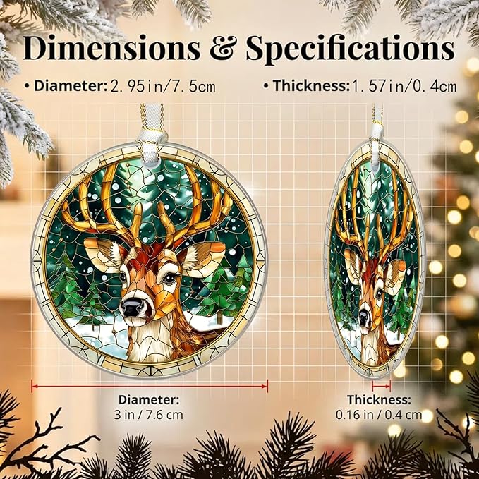Deer Christmas Ornaments 2025, Stained Glass Christmas Tree Decorations, Exchange for Women, Men, Collectible Dated Year Ornaments for Tree - Glass Hanging Ornament