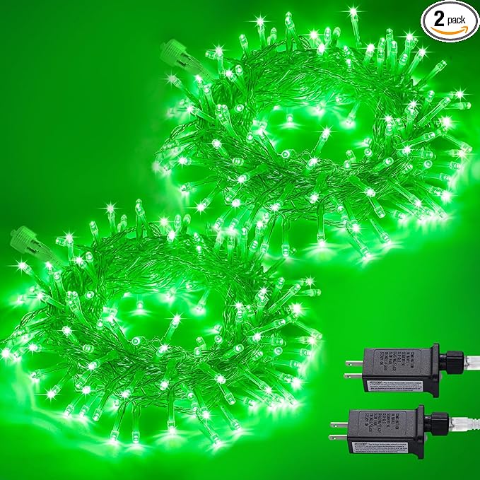 JMEXSUSS 2 Pack 100 LED Green Christmas Lights Indoor, 8 Modes Green String Lights Outdoor Waterproof, Clear Wire Connectable Christmas Tree Lights Plug in for Xmas Tree Bedroom Yard Party Decorations