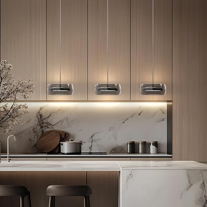 Pendant Lights Kitchen Island Dual-Sided LED Lighting, Adjustable Hanging Length, Smoked Glass Shade, Dimmable, Modern Ceiling Light Fixture for Dining Room, Bar, Living Room, Chrome Silver